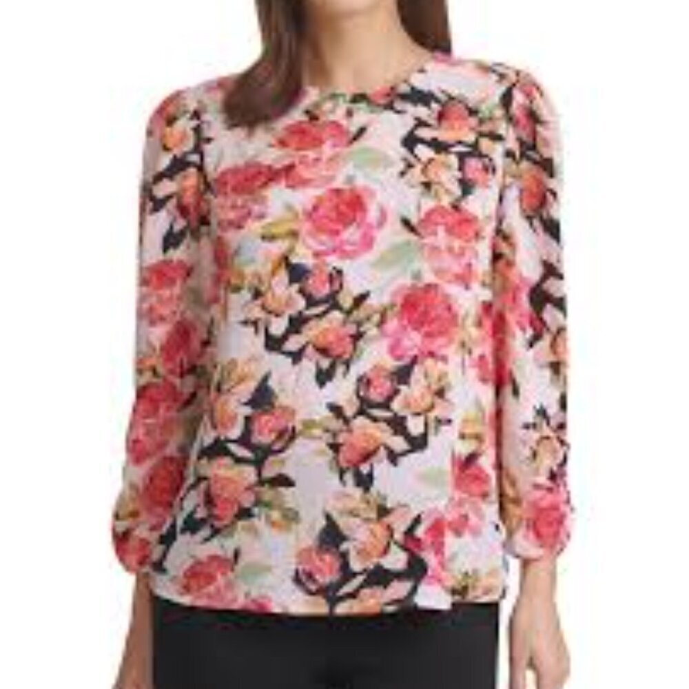New DKNY Floral-Print Long Sleeve Ruched-Sleeve Top P1557